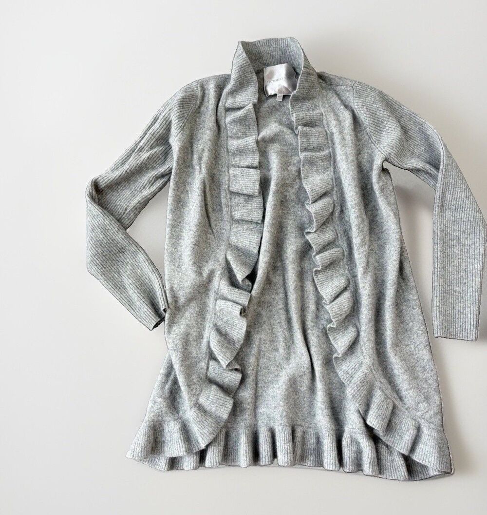 Victorias Secret Gray Cashmere Cardigan Sweater Size XS/S Ruffle Hem Cozy Soft